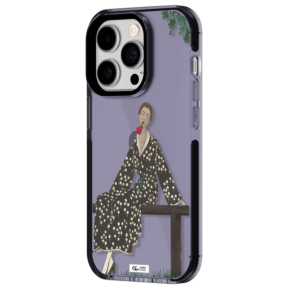 a woman sitting on a bench Apple iPhone 14 pro impact Lilac Case