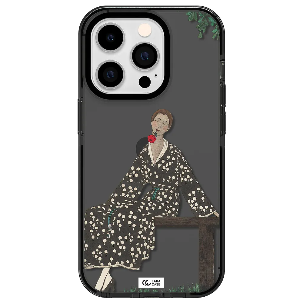 a woman sitting on a bench Apple iPhone 14 pro impact Smoke Black Case