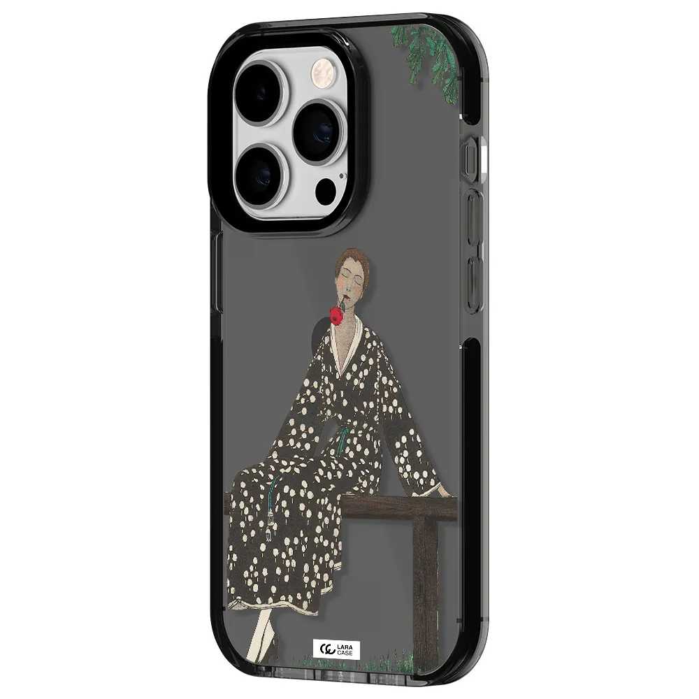 a woman sitting on a bench Apple iPhone 14 pro impact Smoke Black Case