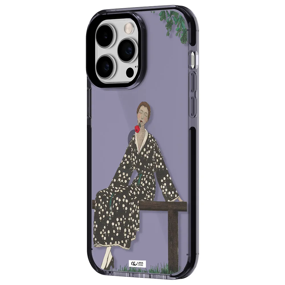 a woman sitting on a bench Apple iPhone 14 pro max impact Lilac Case