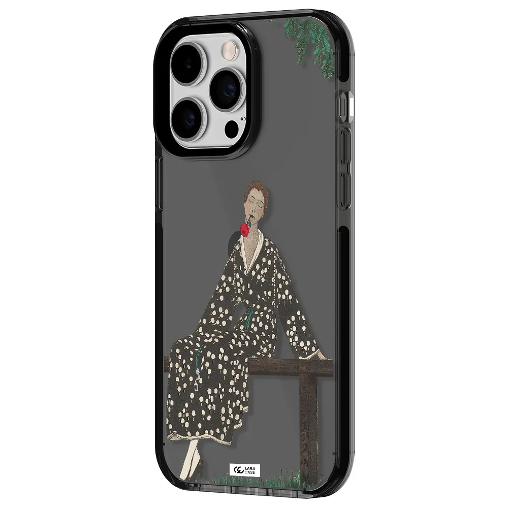 a woman sitting on a bench Apple iPhone 14 pro max impact Smoke Black Case
