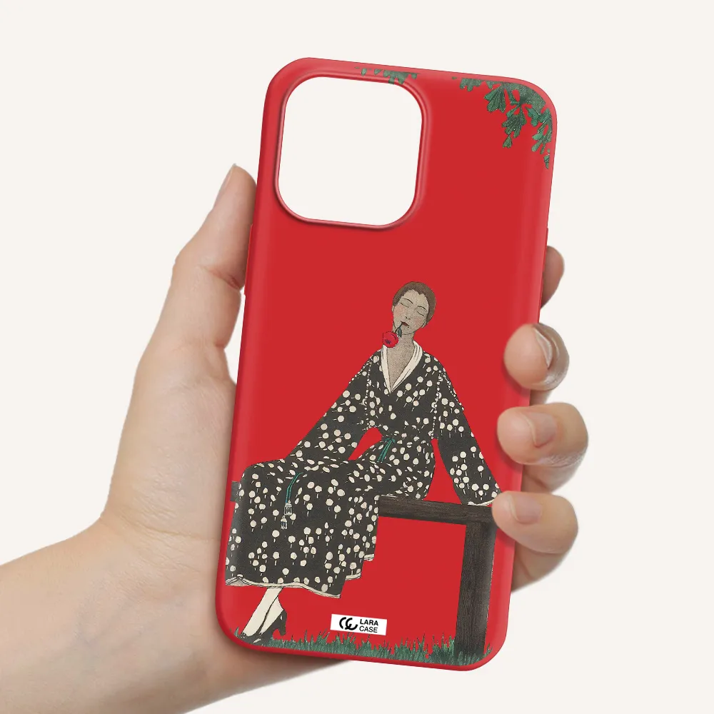 a woman sitting on a bench Apple iPhone 14 pro max Silicone Imperial Red Case