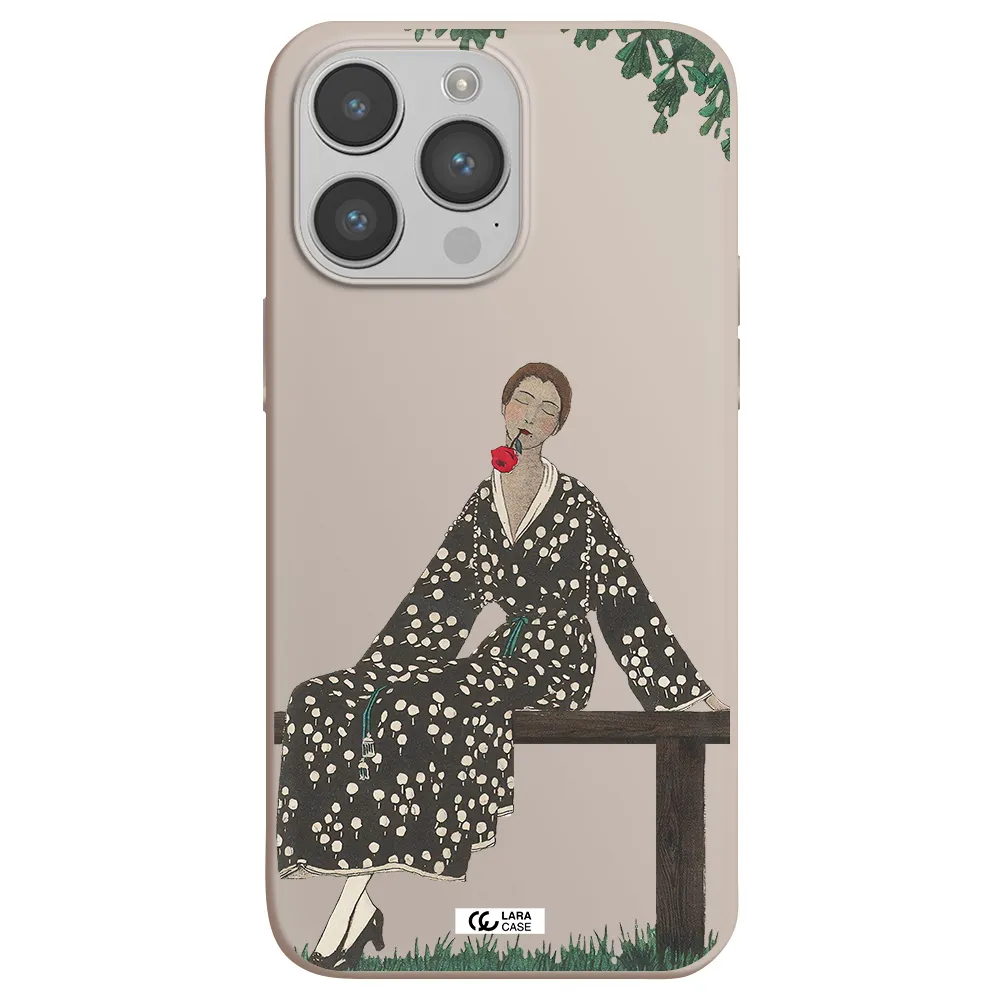a woman sitting on a bench Apple iPhone 14 pro max Silicone Stone Case