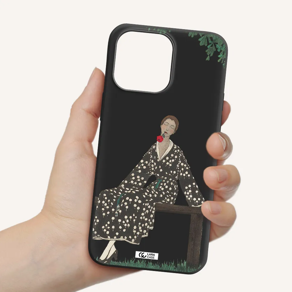 a woman sitting on a bench Apple iPhone 14 pro Silicone black Case