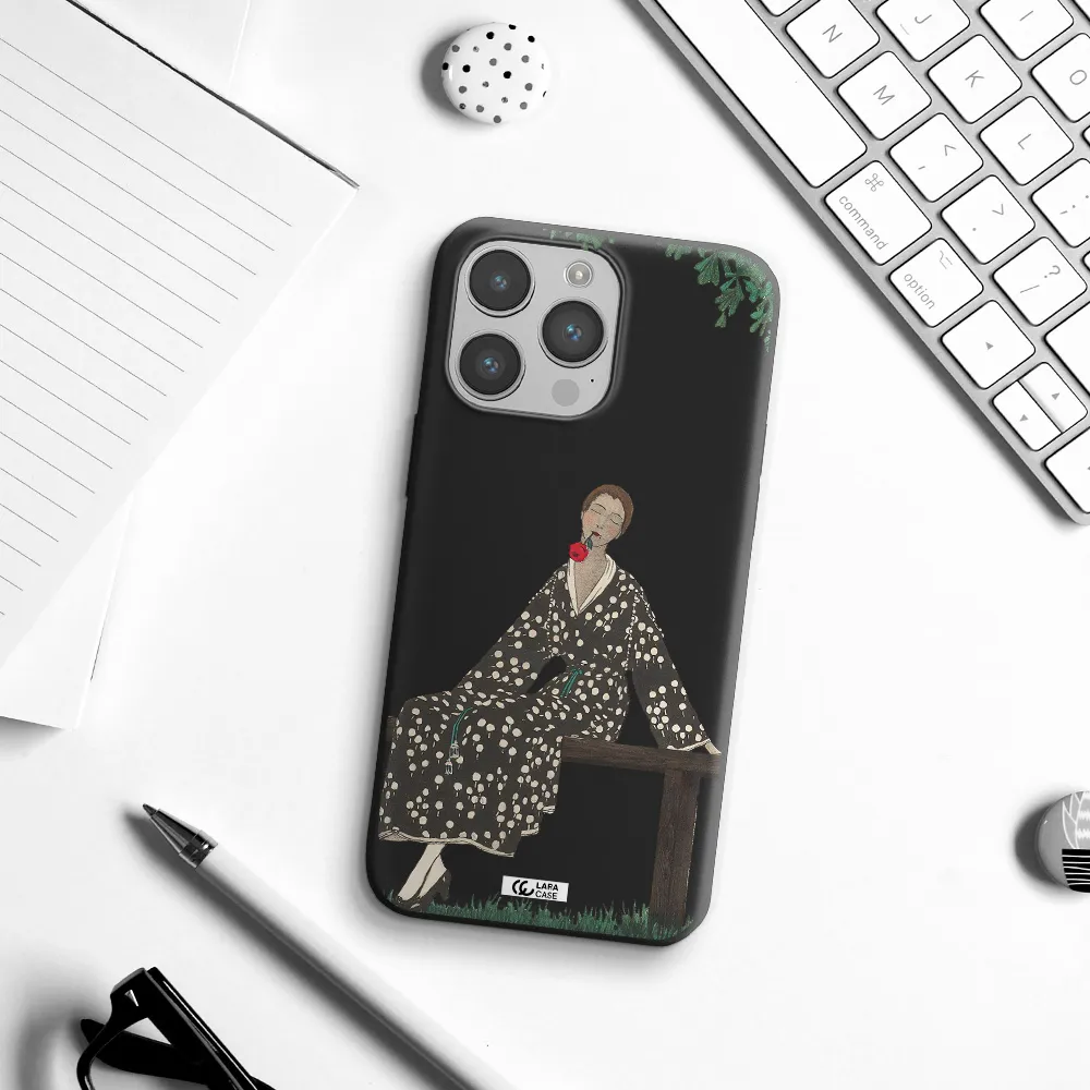 a woman sitting on a bench Apple iPhone 14 pro Silicone black Case