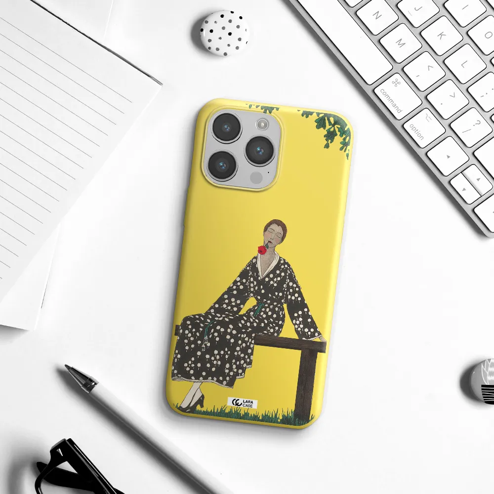 a woman sitting on a bench Apple iPhone 14 pro Silicone canary yellow Case