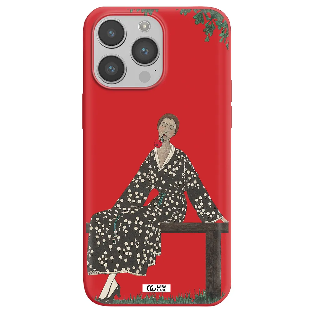 a woman sitting on a bench Apple iPhone 14 pro Silicone Imperial Red Case