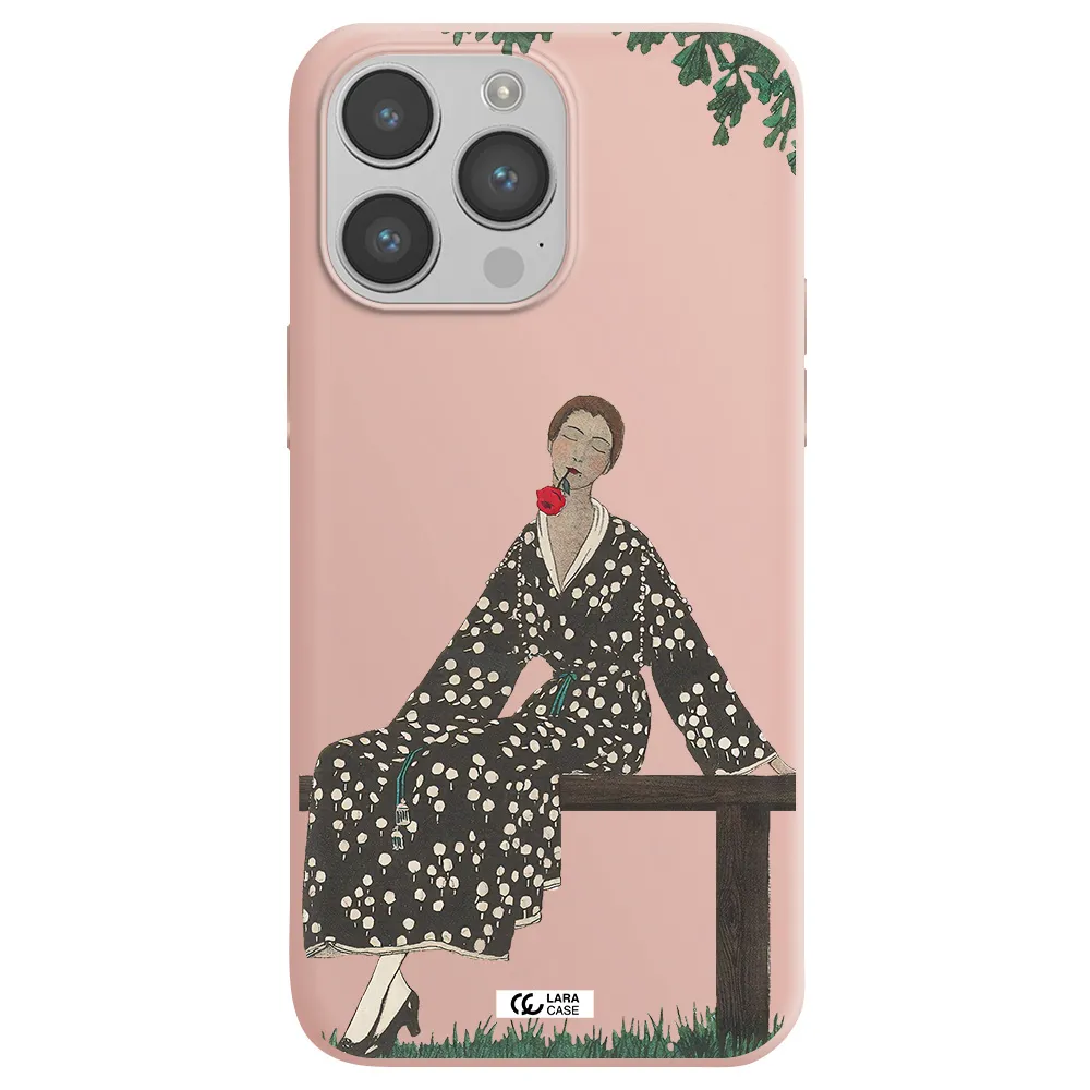 a woman sitting on a bench Apple iPhone 14 pro Silicone pastel pink Case