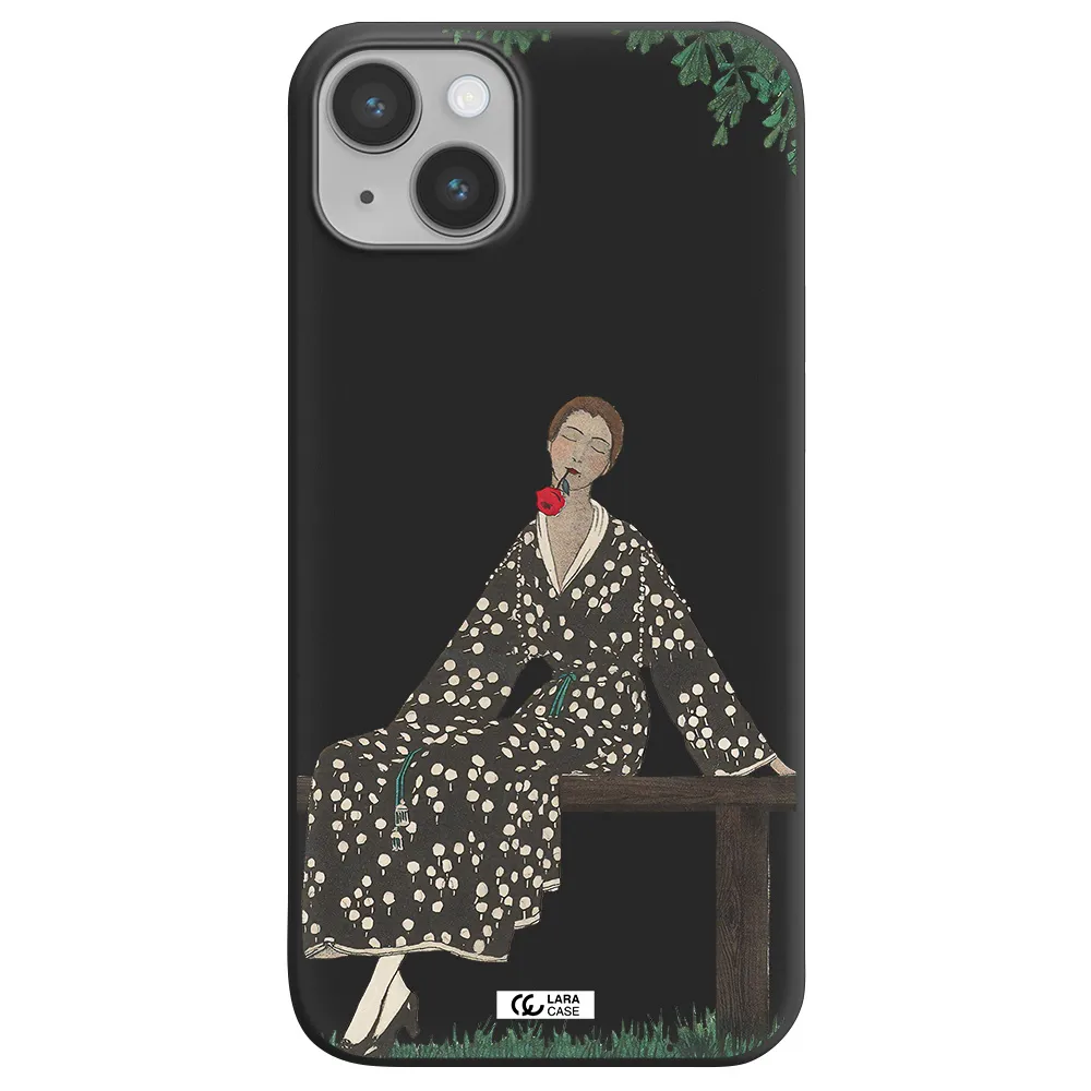 a woman sitting on a bench Apple iPhone 14 Silicone black Case