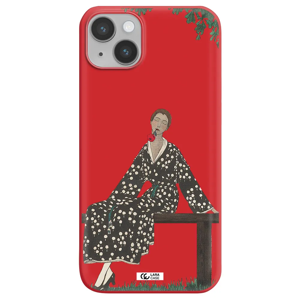 a woman sitting on a bench Apple iPhone 14 Silicone Imperial Red Case