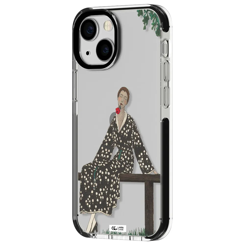 a woman sitting on a bench Apple iPhone 15 impact black border Case