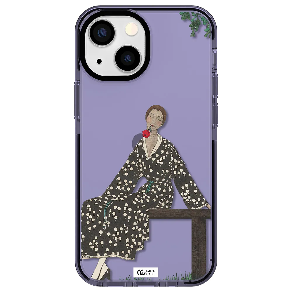a woman sitting on a bench Apple iPhone 15 impact Lilac Case
