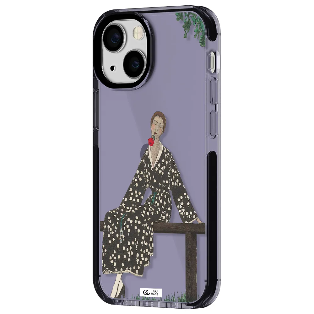 a woman sitting on a bench Apple iPhone 15 impact Lilac Case