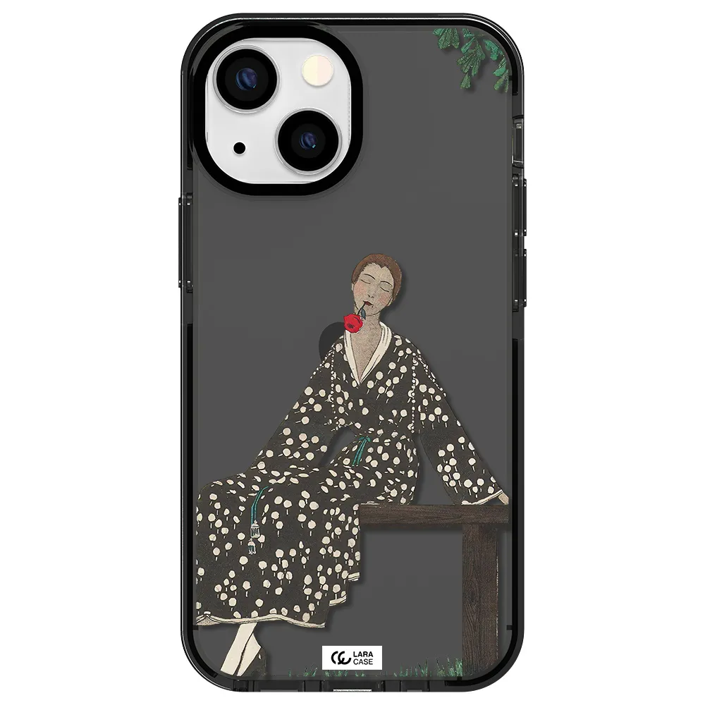a woman sitting on a bench Apple iPhone 15 impact Smoke Black Case