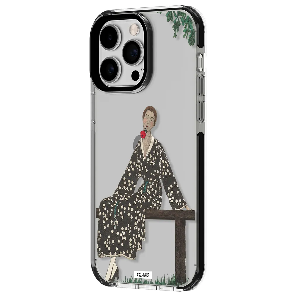 a woman sitting on a bench Apple iPhone 15 Pro impact black border Case