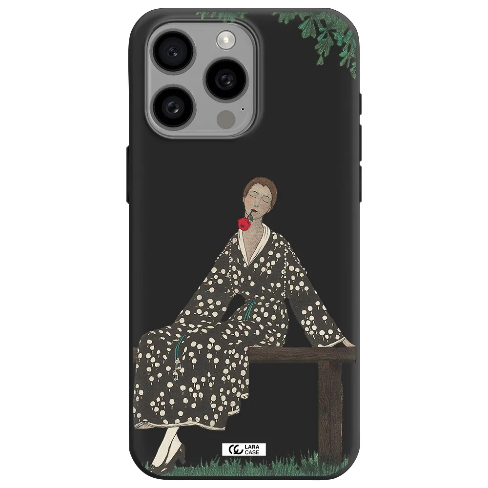 a woman sitting on a bench Apple Iphone 15 Pro max Silicone black Case