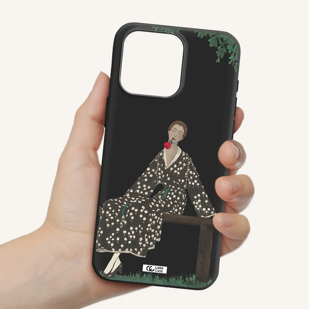 a woman sitting on a bench Apple Iphone 15 Pro max Silicone black Case