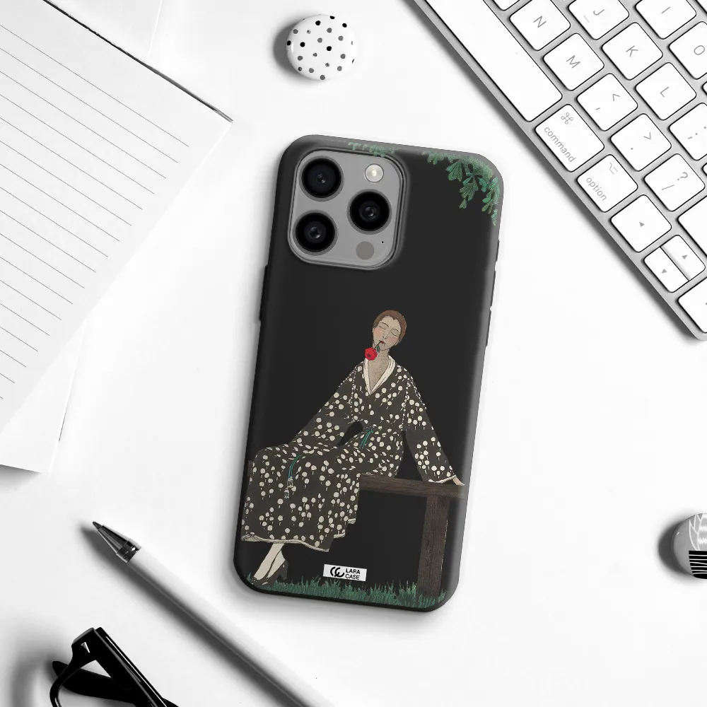 a woman sitting on a bench Apple Iphone 15 Pro max Silicone black Case