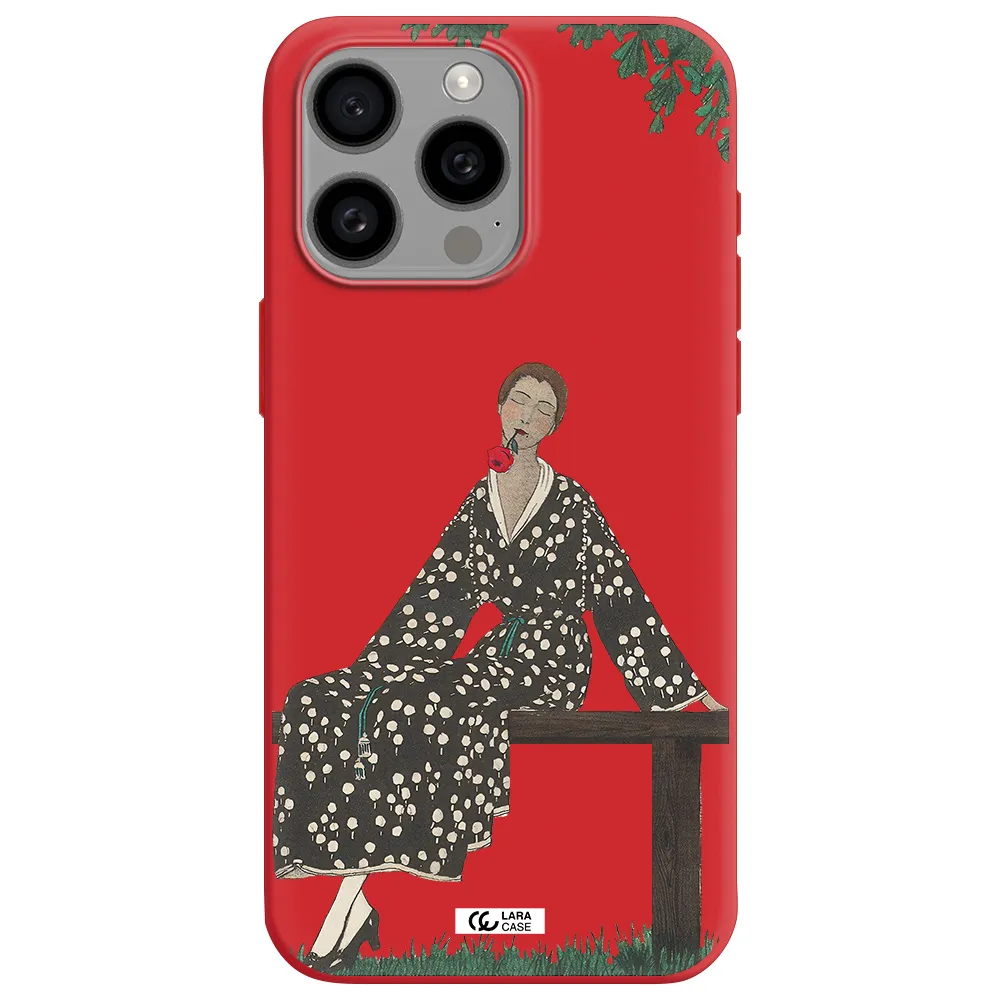 A Woman Sitting On A Bench Apple Iphone 15 Pro Max Silicone Imperial Red Case