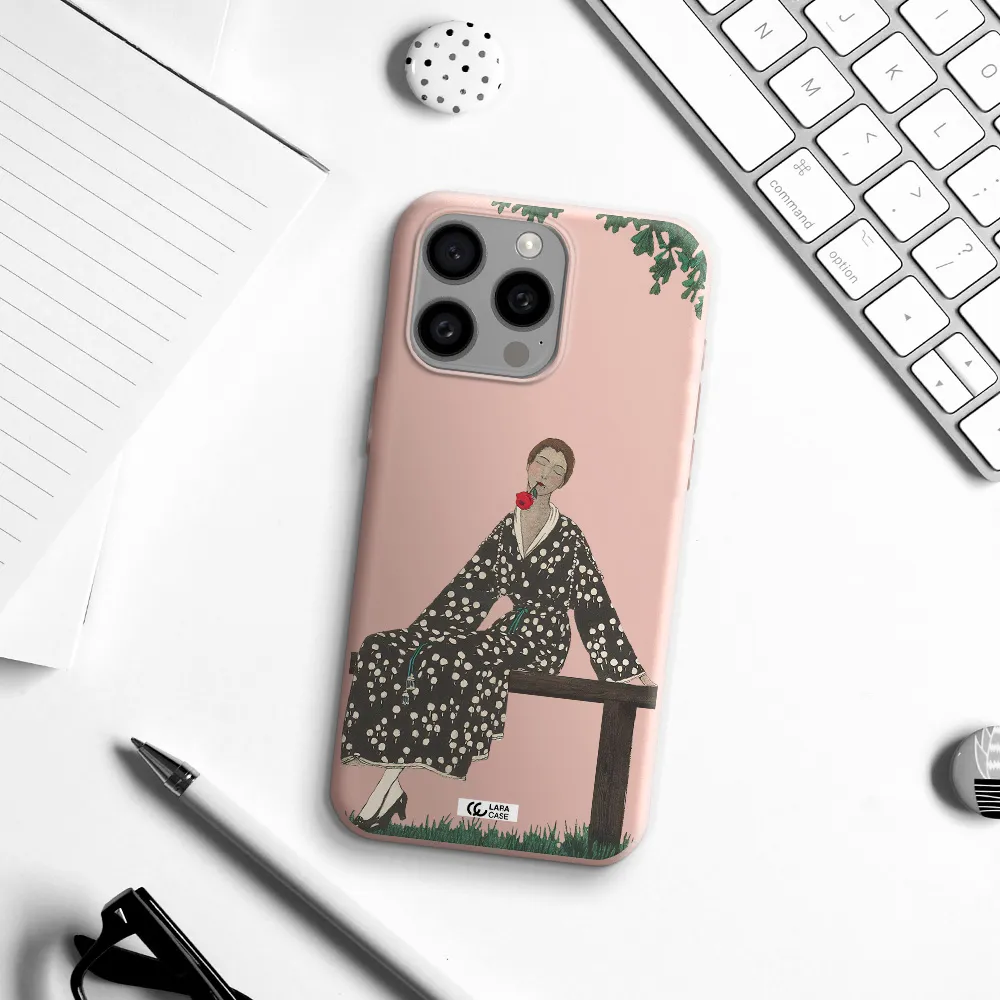 a woman sitting on a bench Apple Iphone 15 Pro max Silicone pastel pink Case