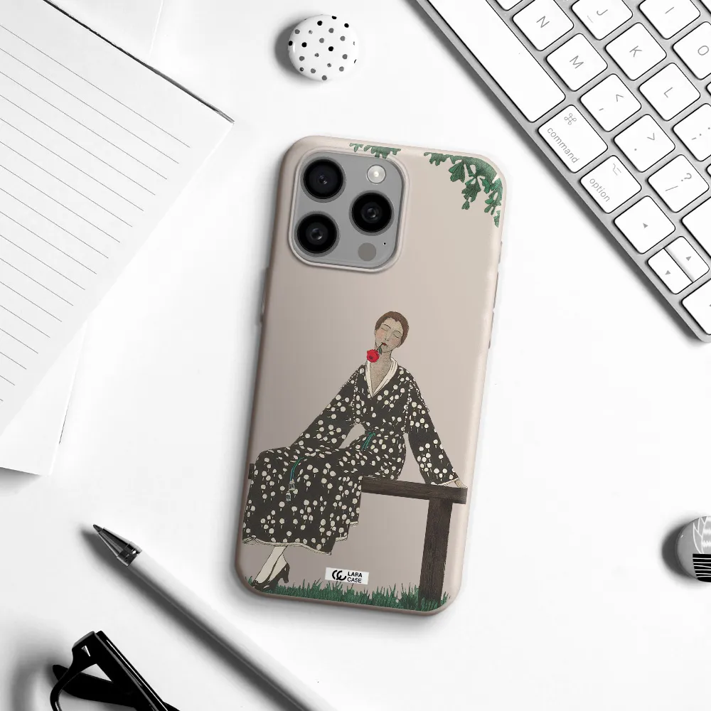 a woman sitting on a bench Apple Iphone 15 Pro max Silicone Stone Case