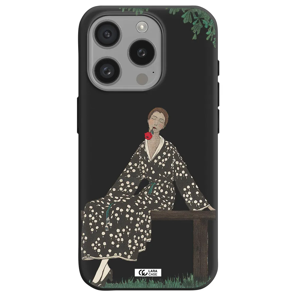 A Woman Sitting On A Bench Apple Iphone 15 Pro Silicone Black Case