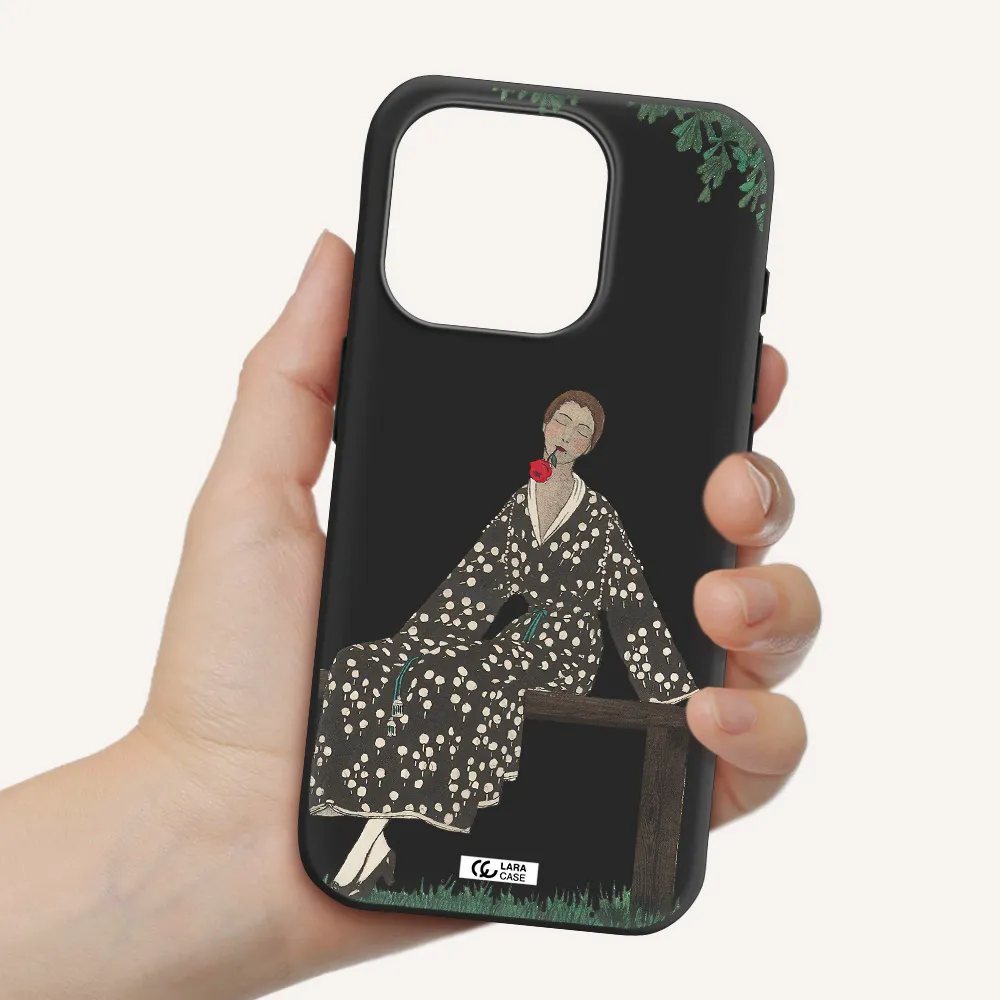 A Woman Sitting On A Bench Apple Iphone 15 Pro Silicone Black Case