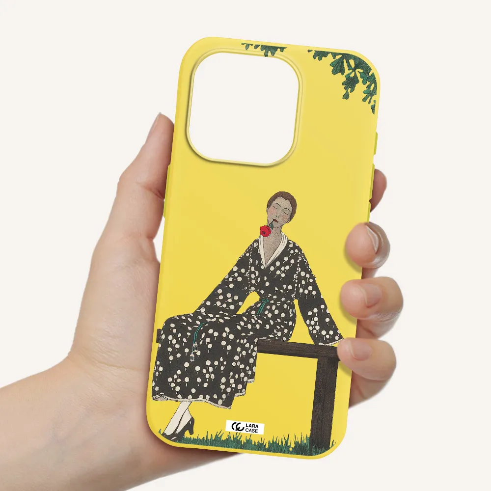 A Woman Sitting On A Bench Apple Iphone 15 Pro Silicone Canary Yellow Case