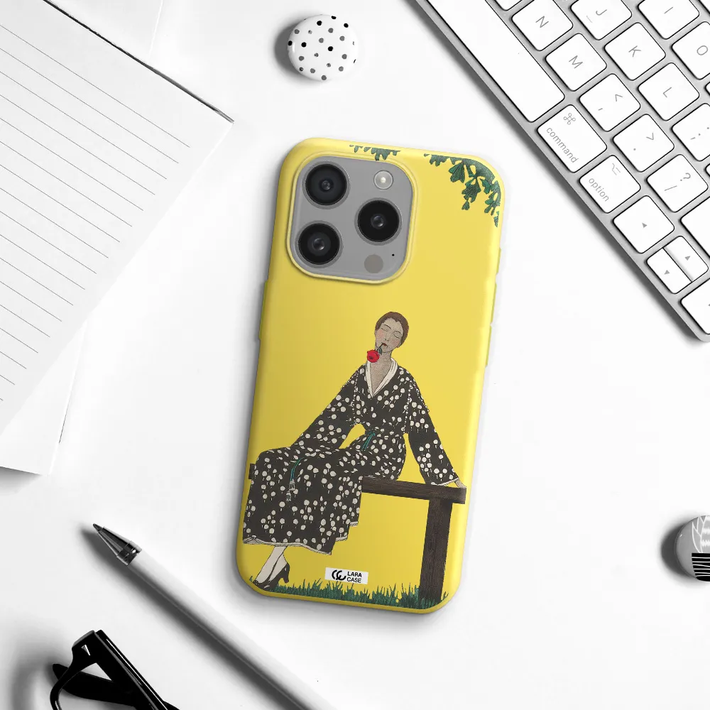 A Woman Sitting On A Bench Apple Iphone 15 Pro Silicone Canary Yellow Case