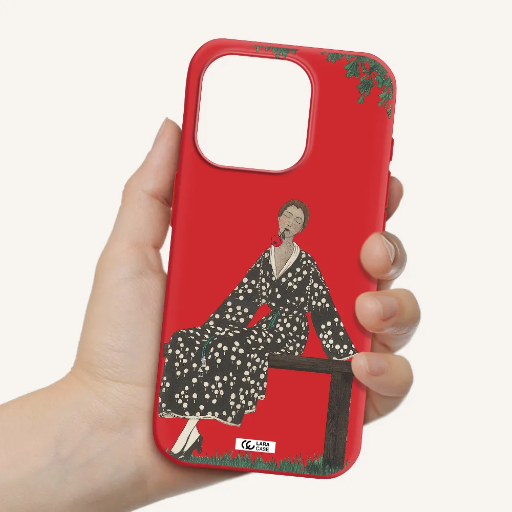 A Woman Sitting On A Bench Apple Iphone 15 Pro Silicone Imperial Red Case
