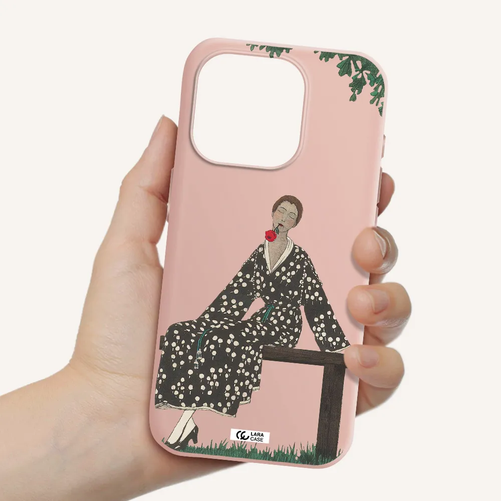 A Woman Sitting On A Bench Apple Iphone 15 Pro Silicone Pastel Pink Case