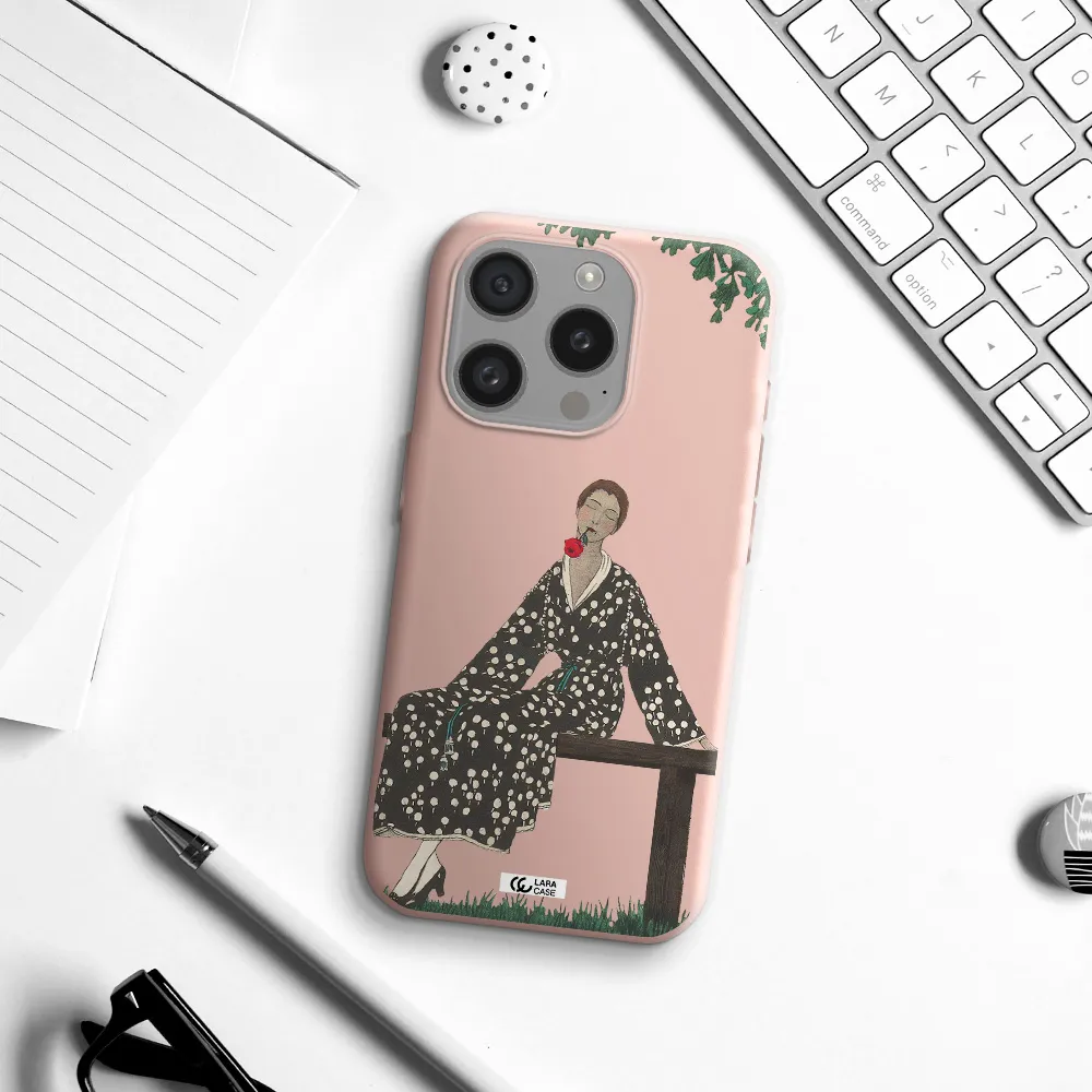 A Woman Sitting On A Bench Apple Iphone 15 Pro Silicone Pastel Pink Case