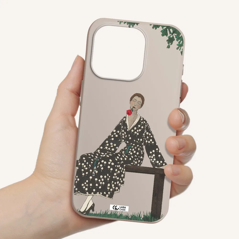 A Woman Sitting On A Bench Apple Iphone 15 Pro Silicone Stone Case