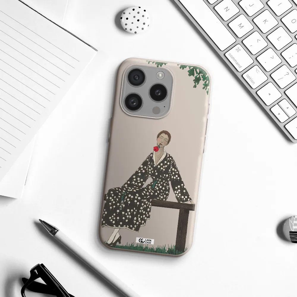 A Woman Sitting On A Bench Apple Iphone 15 Pro Silicone Stone Case