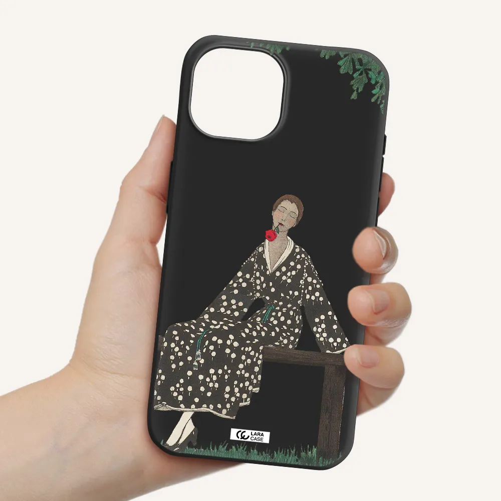 a woman sitting on a bench Apple iPhone 15 Silicone black Case