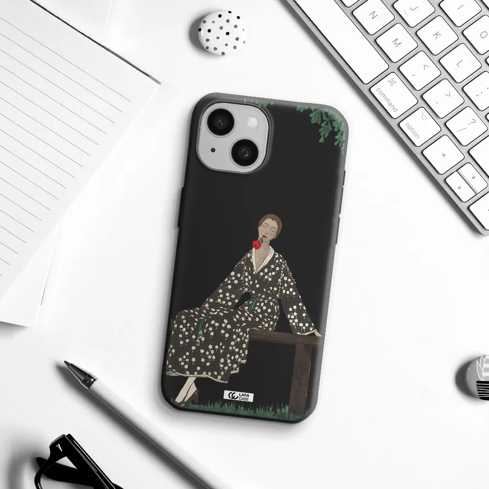 a woman sitting on a bench Apple iPhone 15 Silicone black Case