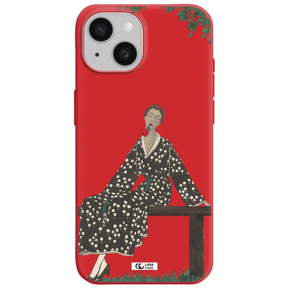 A Woman Sitting On A Bench Apple Iphone 15 Silicone Imperial Red Case