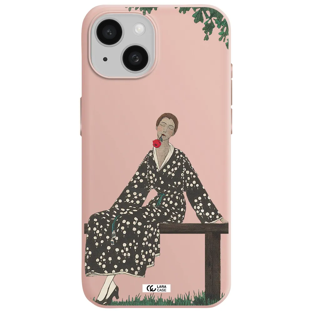A Woman Sitting On A Bench Apple Iphone 15 Silicone Pastel Pink Case