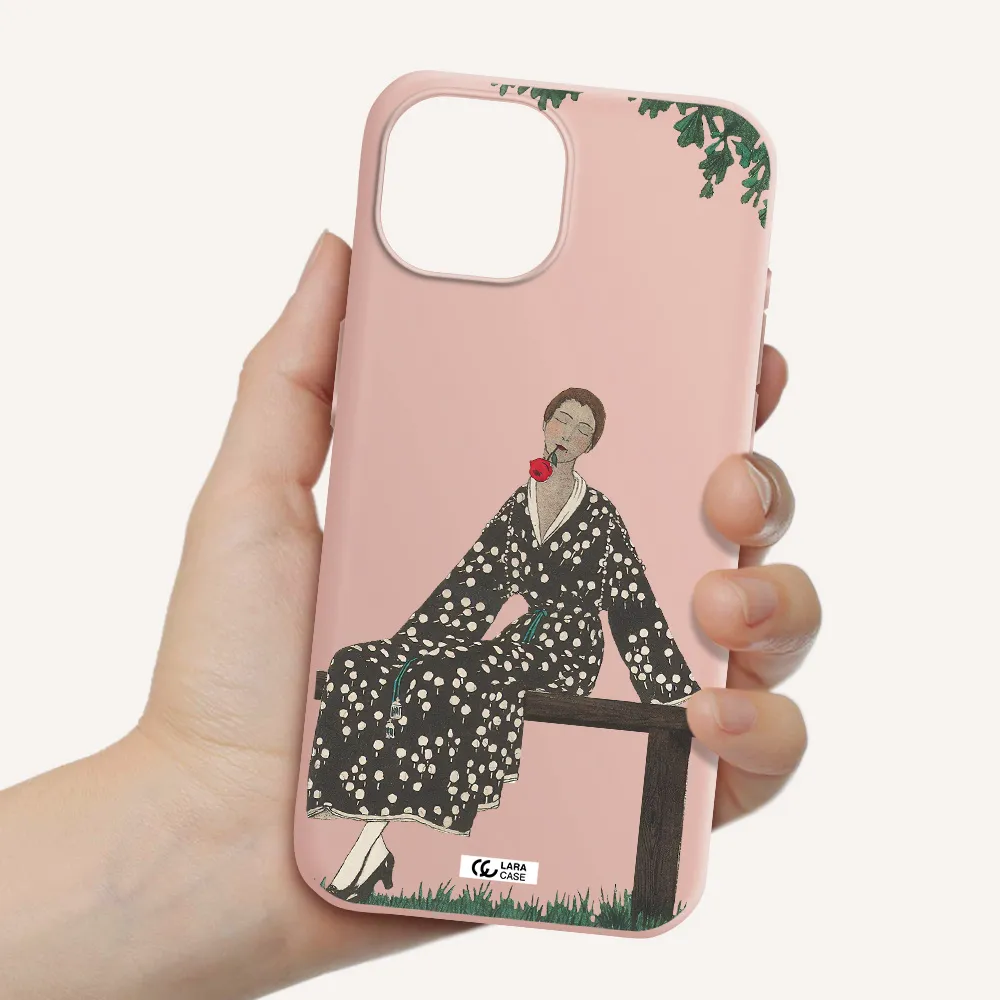 A Woman Sitting On A Bench Apple Iphone 15 Silicone Pastel Pink Case