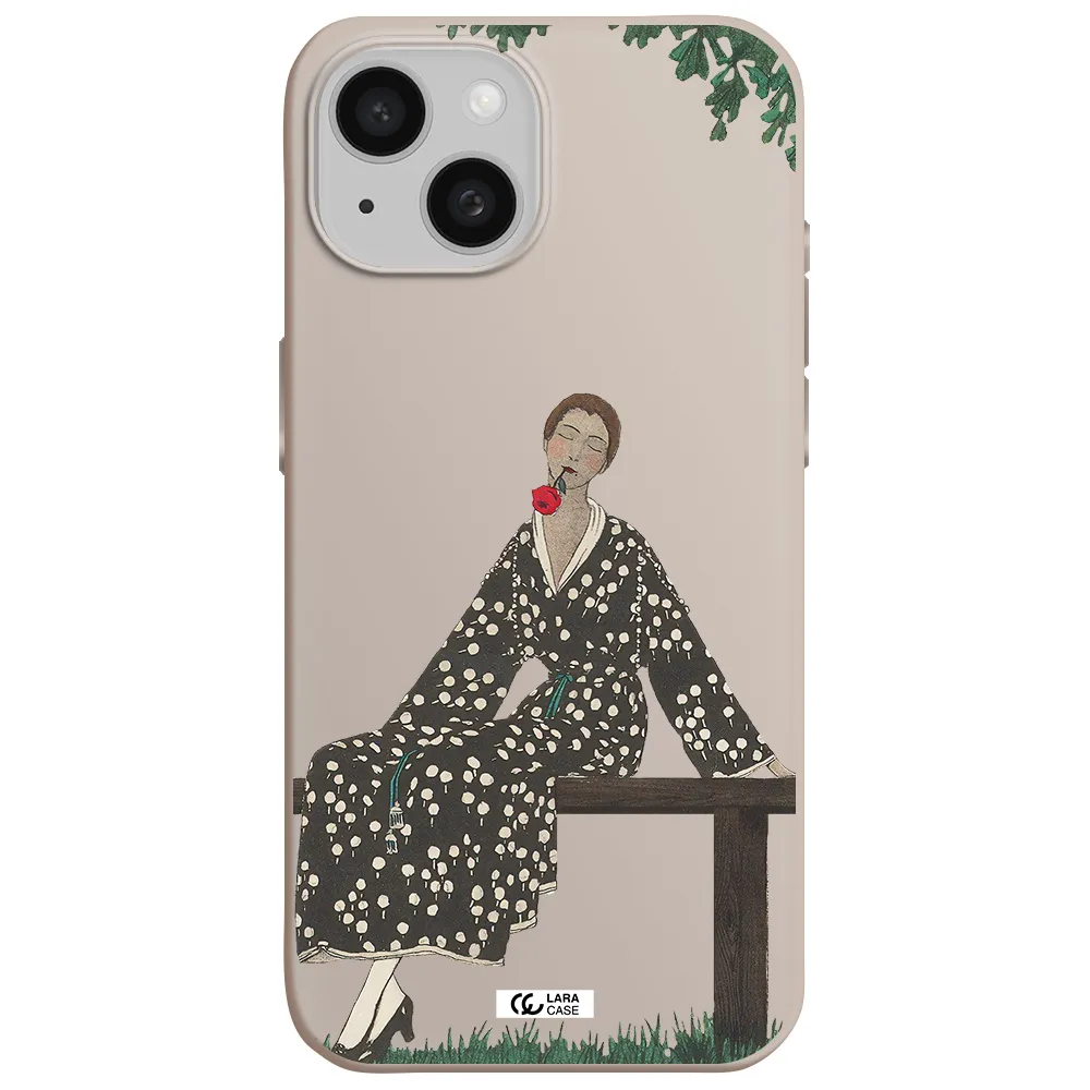 a woman sitting on a bench Apple iPhone 15 Silicone Stone Case