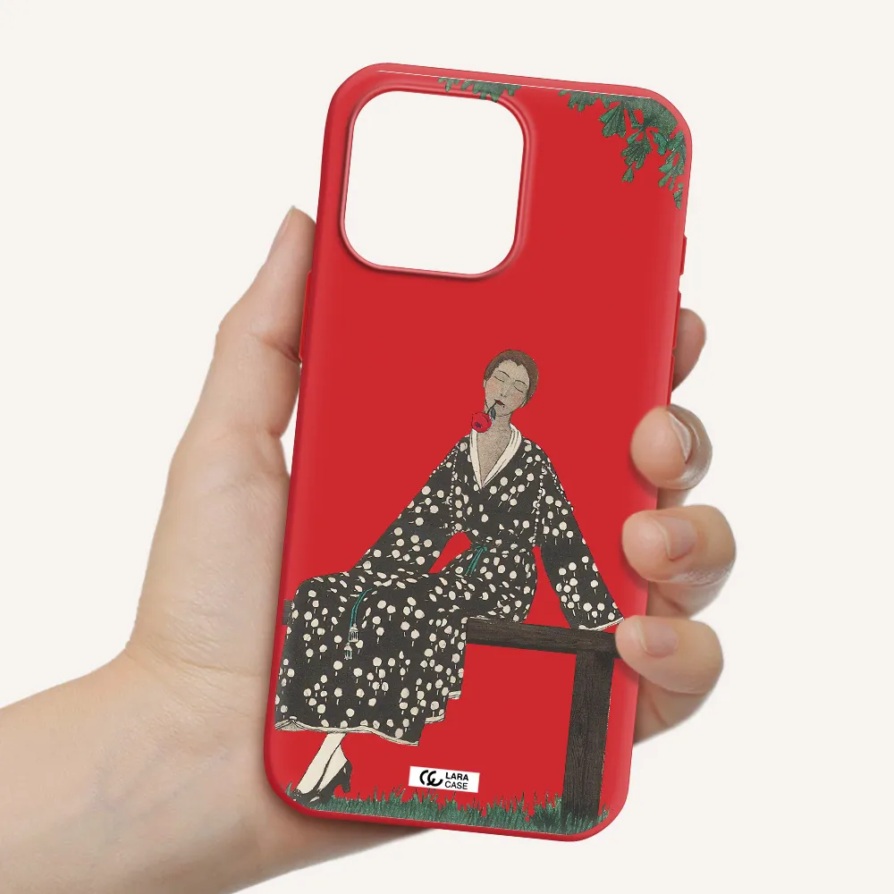 A Woman Sitting On A Bench Apple Iphone 16 Pro Max Silicone Imperial Red Case