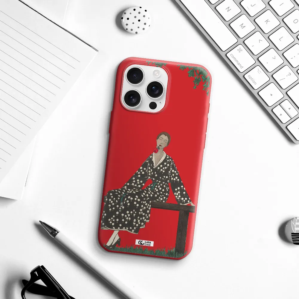 A Woman Sitting On A Bench Apple Iphone 16 Pro Max Silicone Imperial Red Case