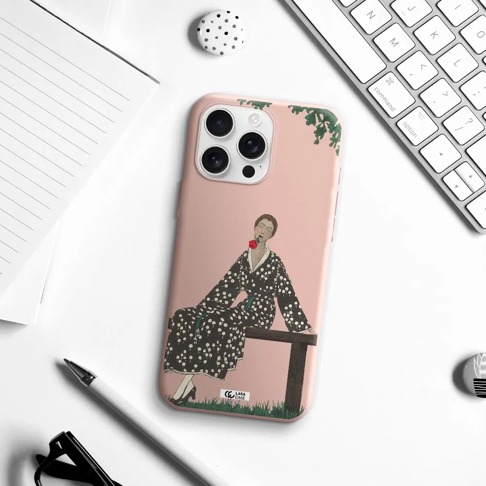 A Woman Sitting On A Bench Apple Iphone 16 Pro Max Silicone Pastel Pink Case