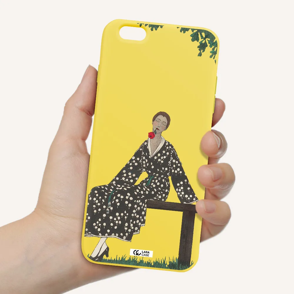 a woman sitting on a bench Apple iPhone 6 plus Silicone canary yellow Case