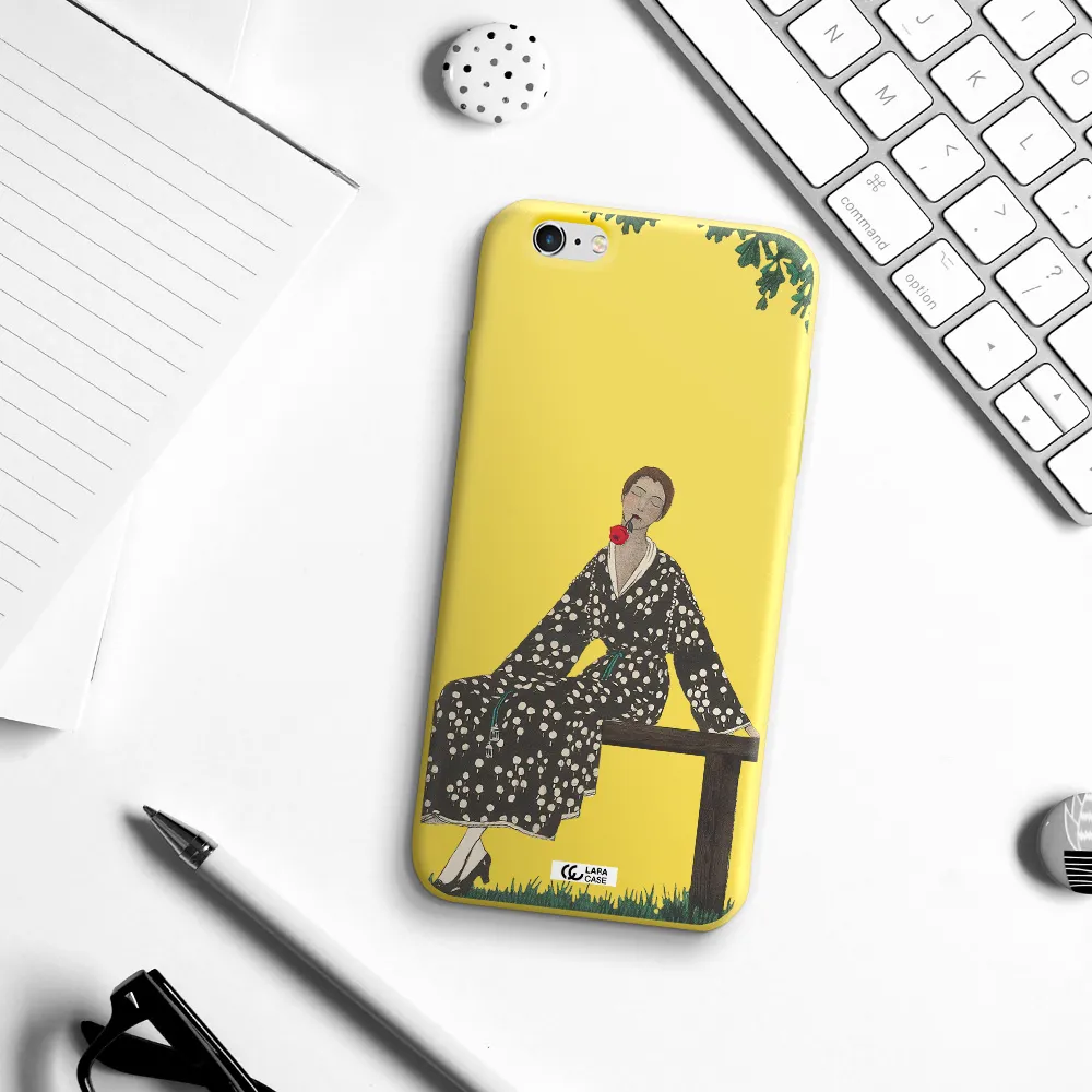 a woman sitting on a bench Apple iPhone 6 plus Silicone canary yellow Case