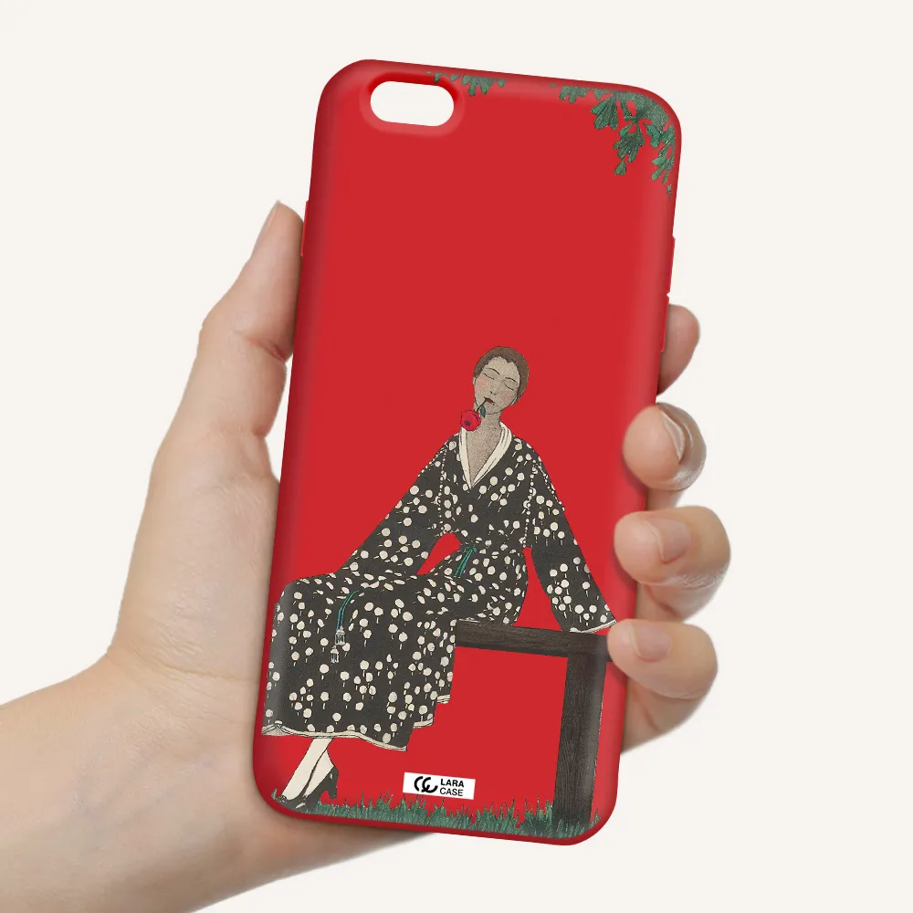 a woman sitting on a bench Apple iPhone 6 plus Silicone Imperial Red Case