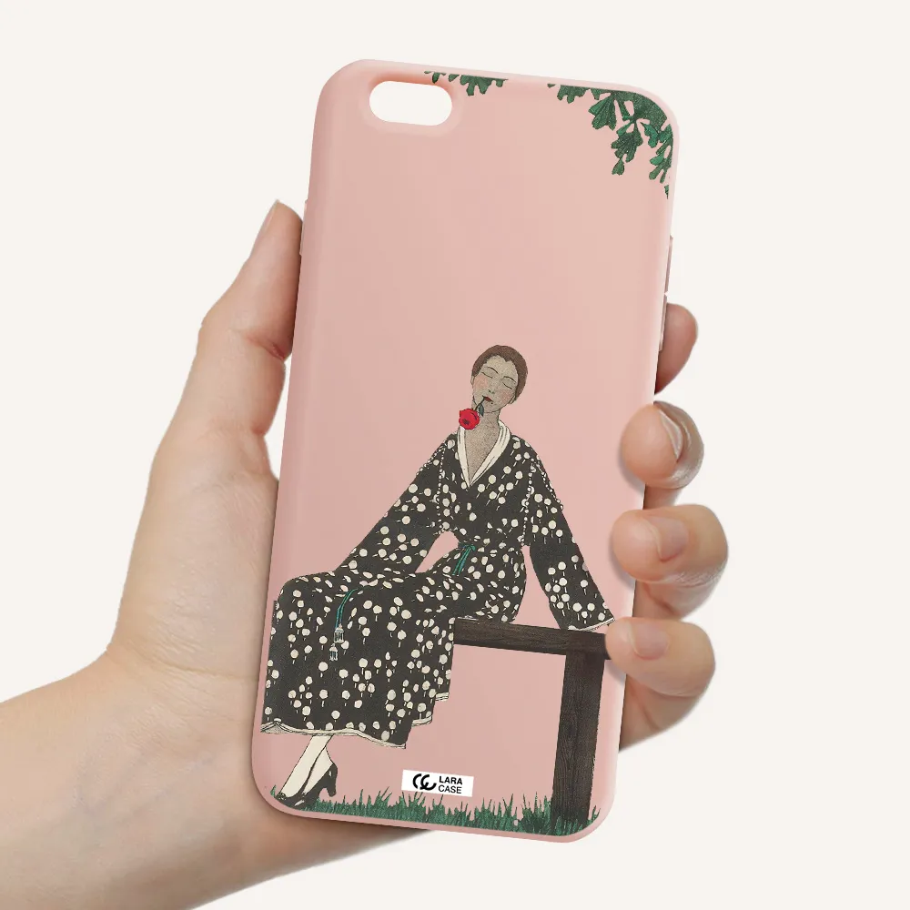 a woman sitting on a bench Apple iPhone 6 plus Silicone pastel pink Case