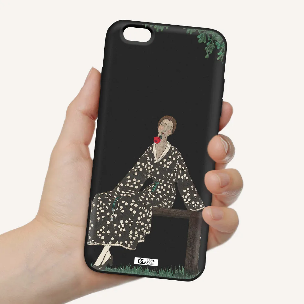 a woman sitting on a bench Apple iPhone 6 s plus Silicone black Case