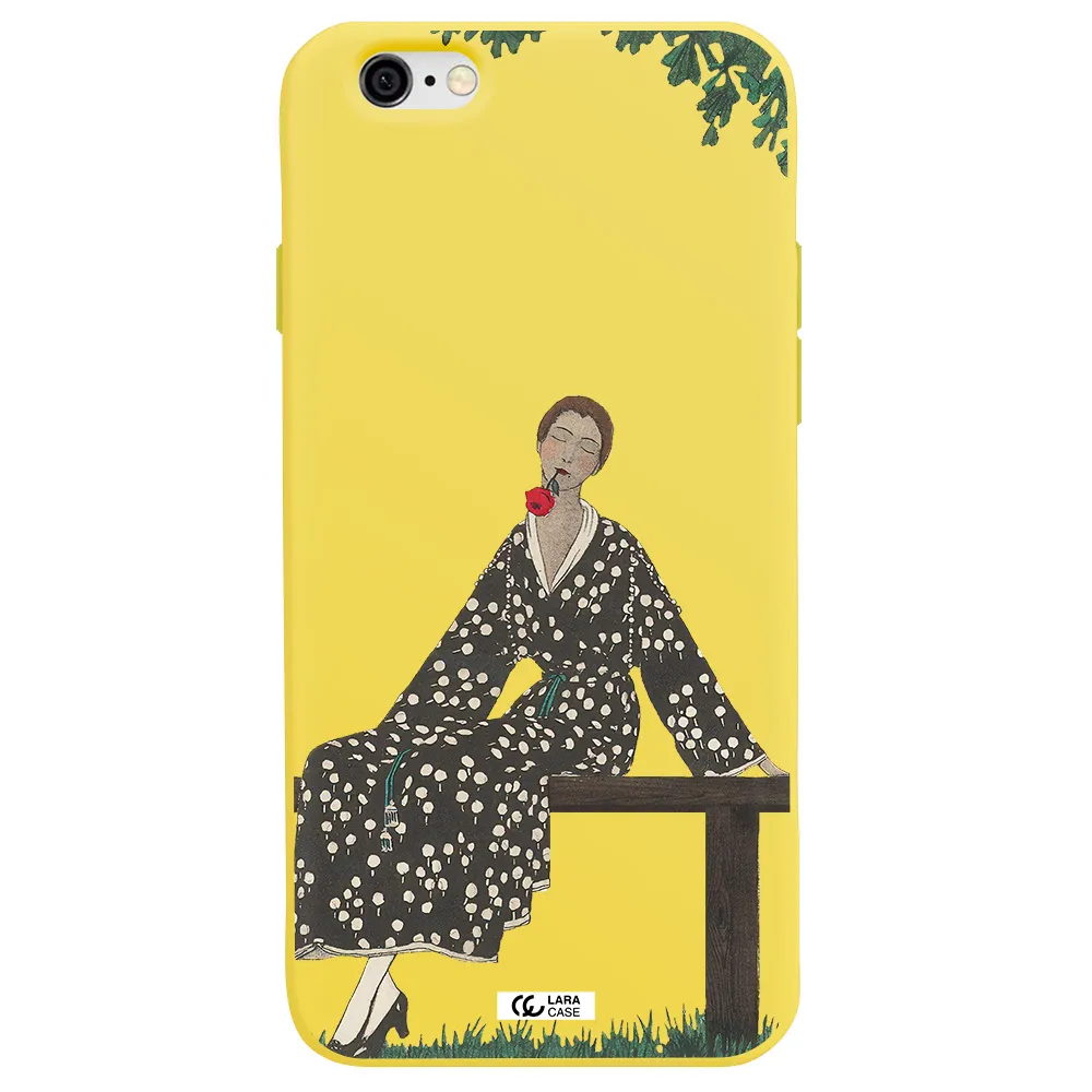 a woman sitting on a bench Apple iPhone 6 Silicone canary yellow Case