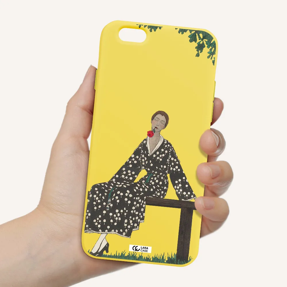 a woman sitting on a bench Apple iPhone 6 Silicone canary yellow Case